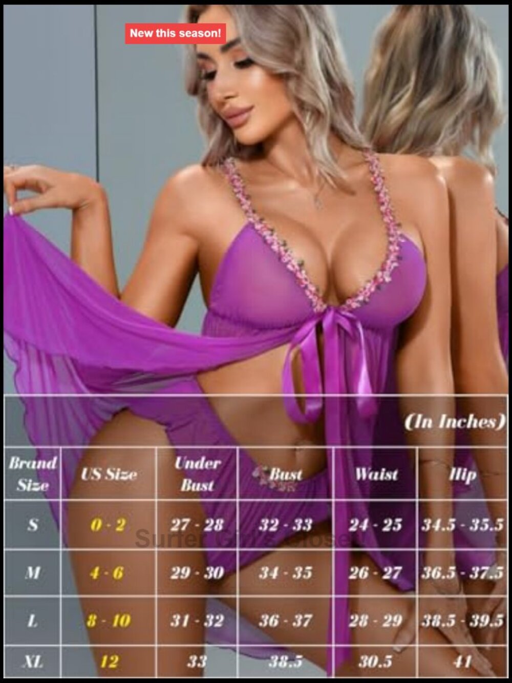 Sheer Babydoll Nightgown with Floral Lace Trim, Front Closure Chemise - Picture 5 of 6